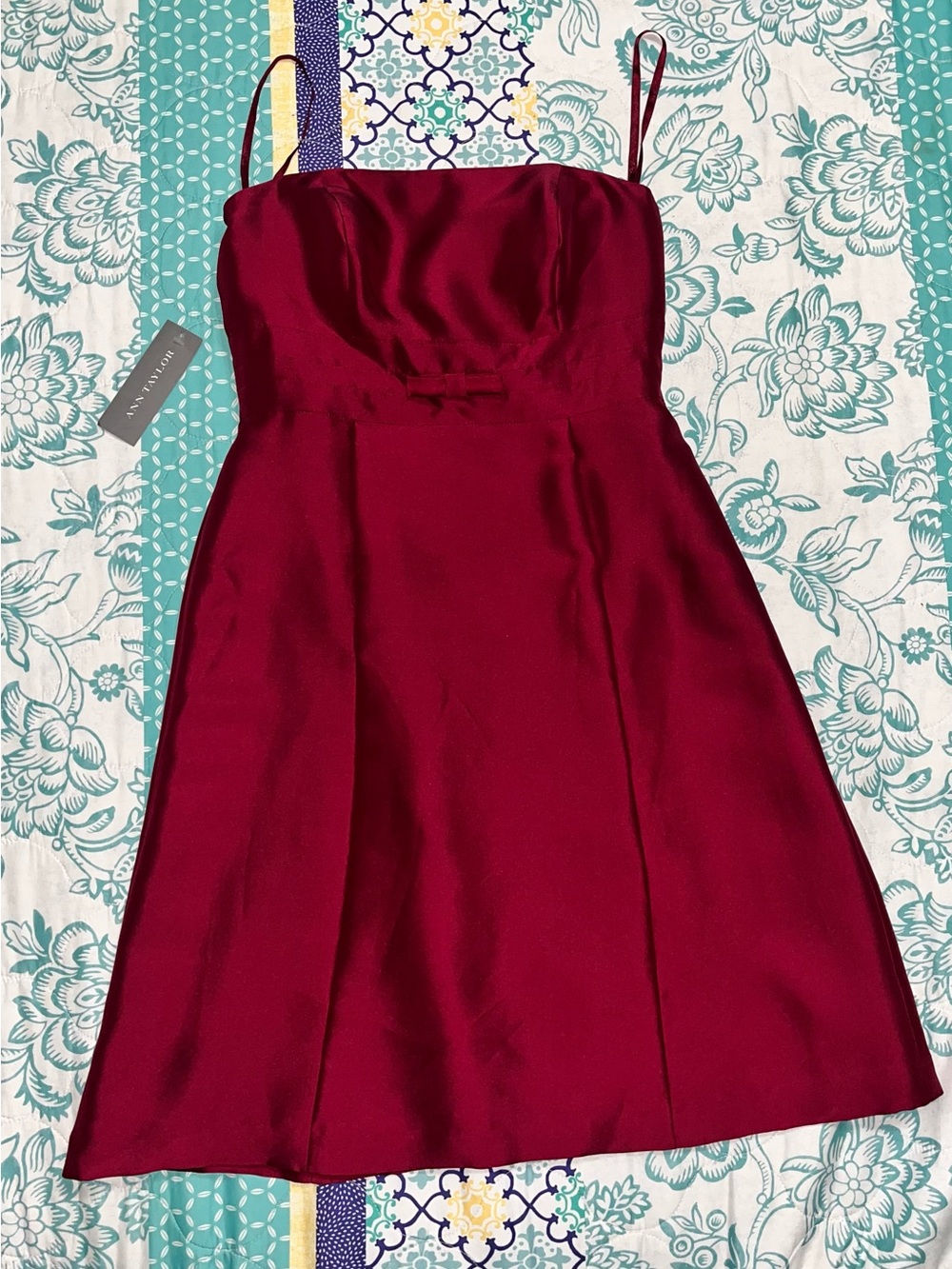 Ann Taylor 2P Strapless Satin Fit & Flare Party Dress Berry Bow NWT Petite